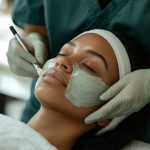 Facial treatment in spa setting with relaxed client and green clay mask