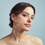 portrait-woman-skincare-with-arrow-plastic-surgery-studio-facial-treatment-beauty-filler-change-girl-lines-procedure-face-lift-medical-transformation-gray-background
